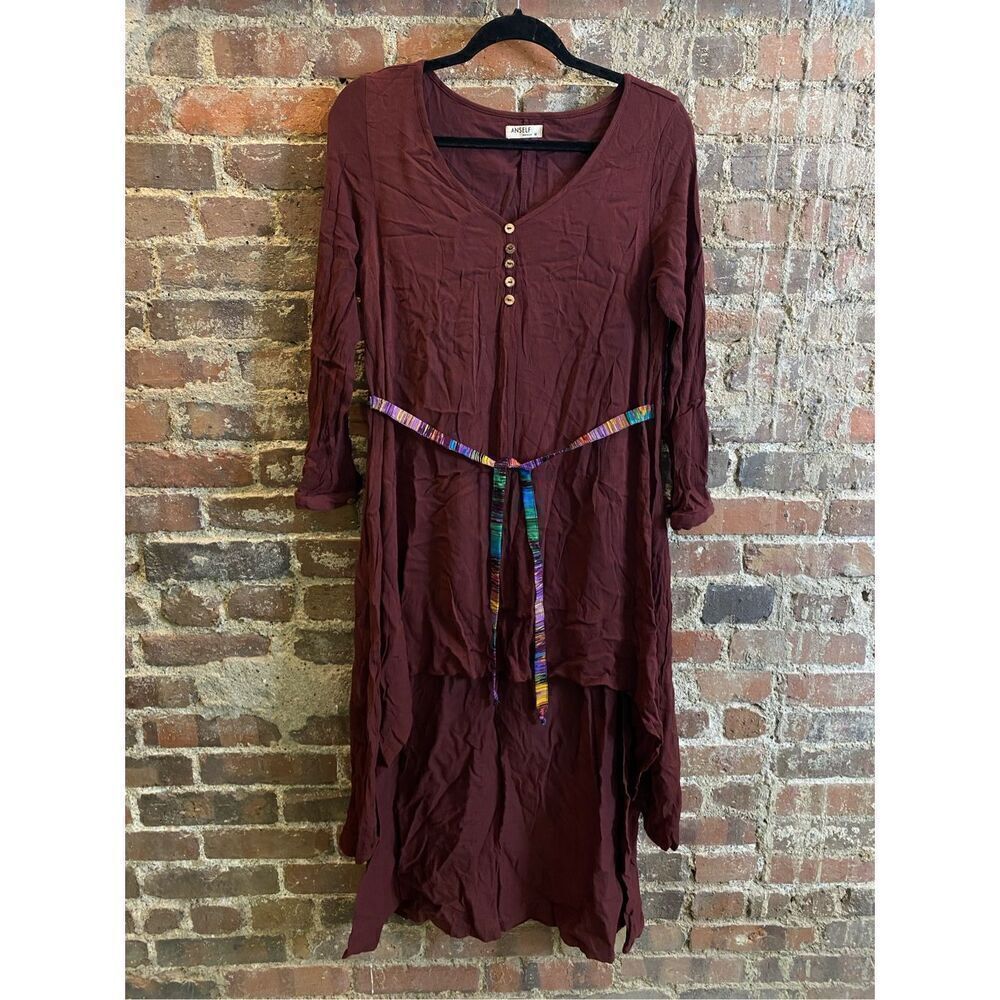 Anself Burgandy Tunic 1/4 Sleeve Colorful Sash Women’s Size M
